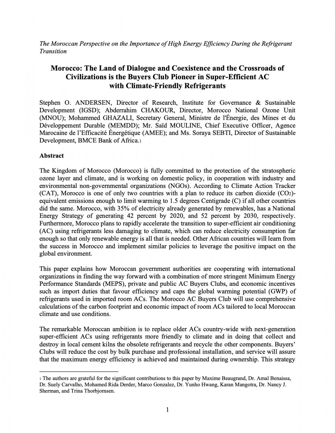 The Moroccan Perspective on the Importance of High Energy Efficiency During the Refrigerant Transition January 2020
