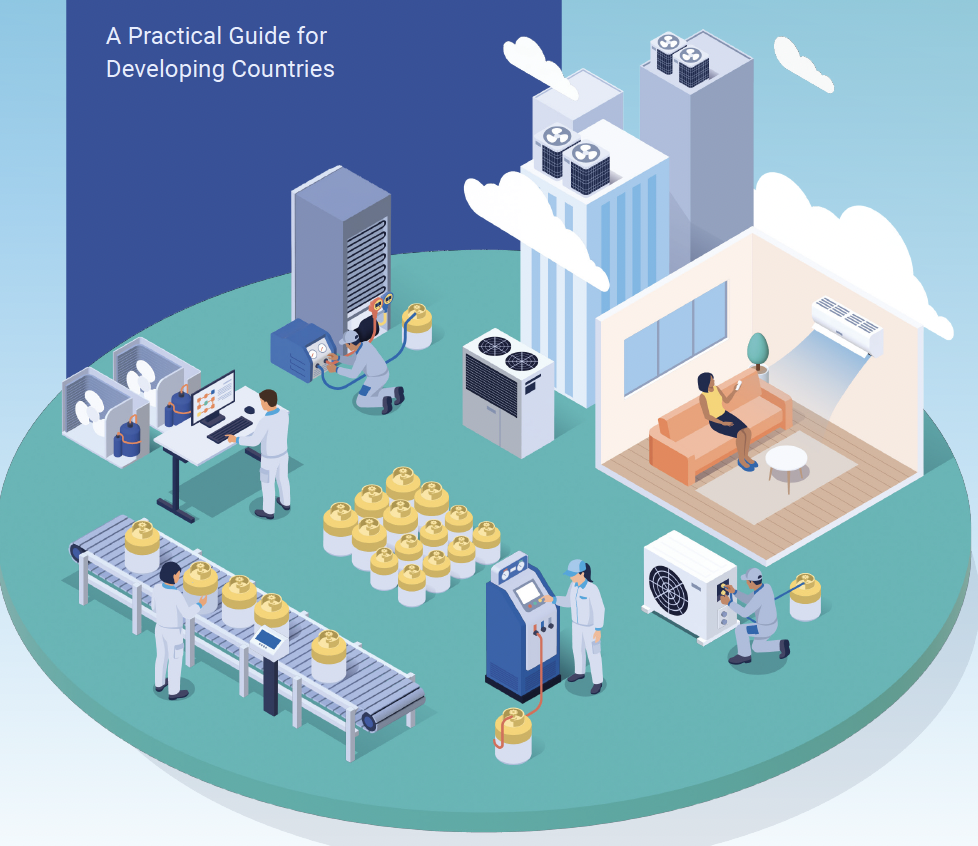Isometric illustration of an industrial campus on a circular platform: workers operate machines, a conveyor line, cooling units, and a room with a person resting on a sofa while a blue header reads 'A Practical Guide for Developing Countries'.