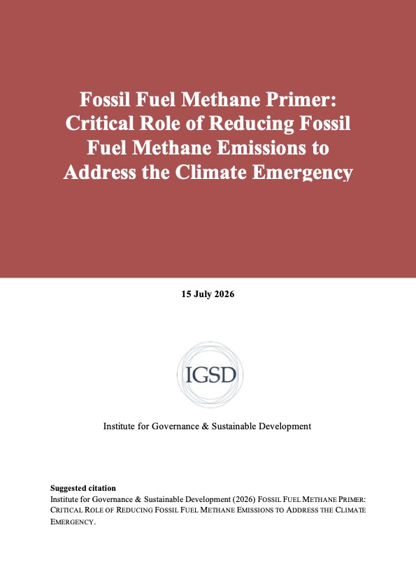 Cover page for a report: long title about reducing fossil fuel methane emissions, dated 15 July 2026, with the IGSD logo.