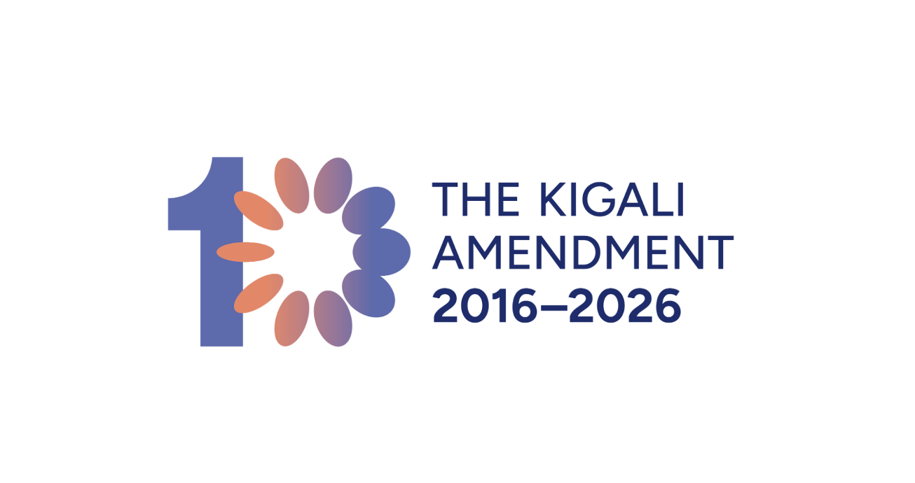 Logo for The Kigali Amendment 2016–2026 featuring a large blue '10' and orange/purple petals forming a circle